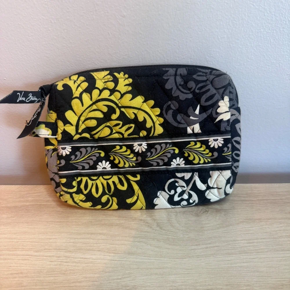 Vera Bradley Provencal Quilted Cosmetic Bag Black Yellow Floral Pouch